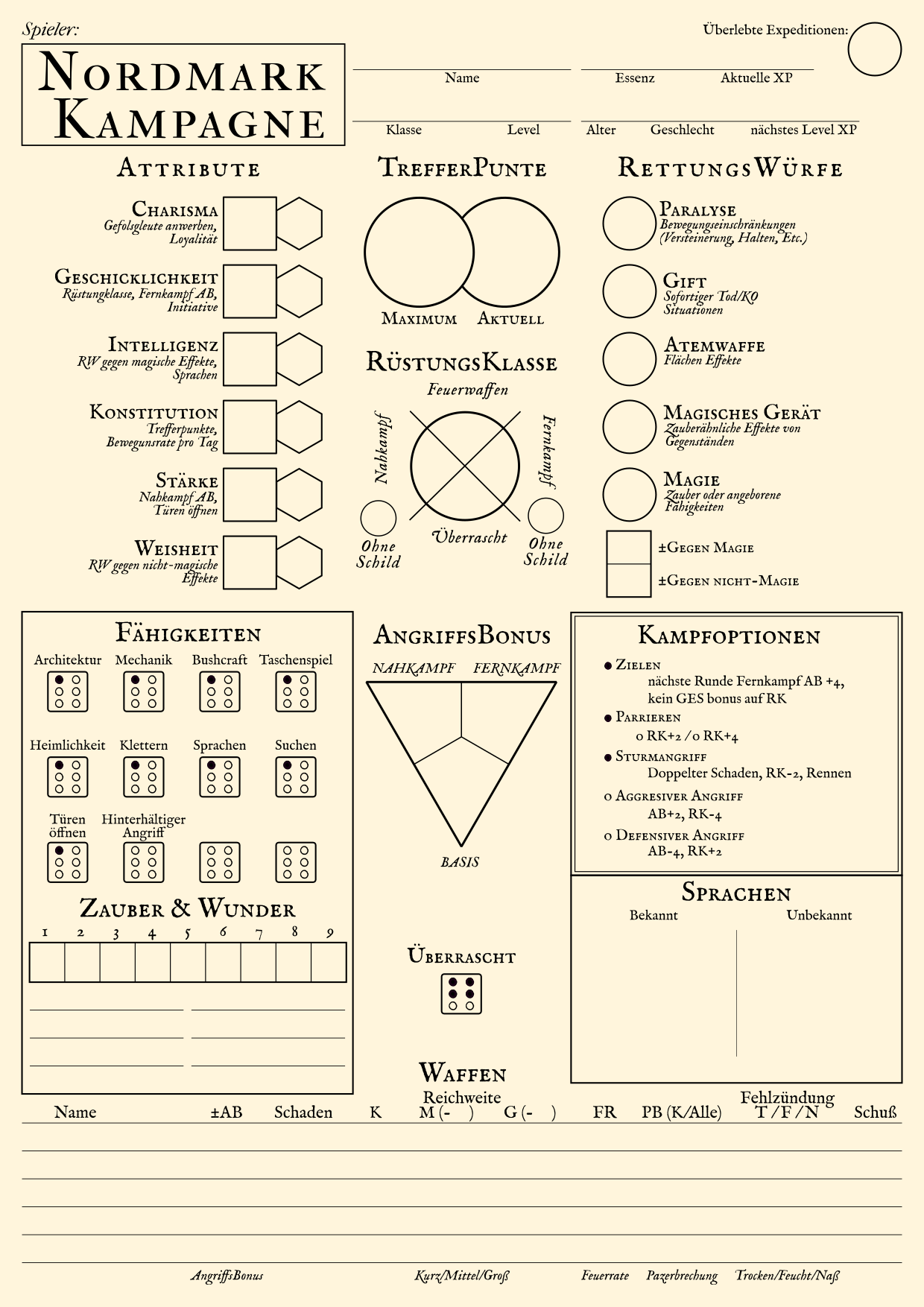 Nordmark Kampagne LotFP Character sheet front